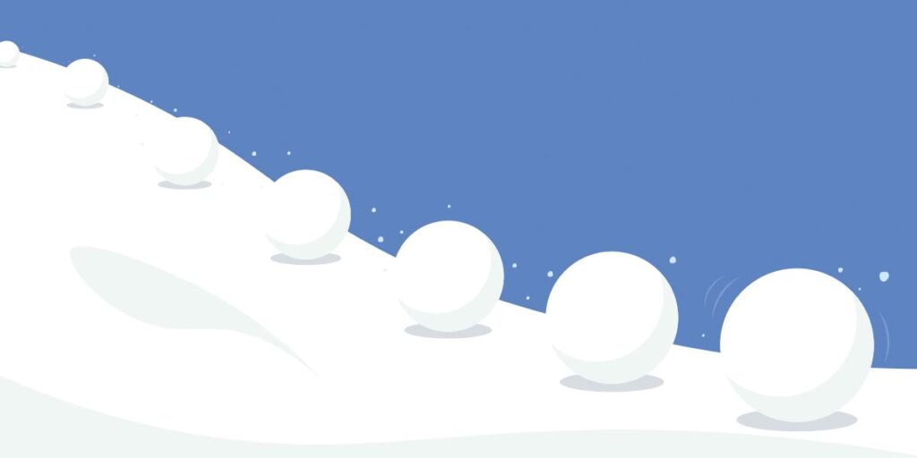 Debt snowball vs debt avalanche in Canada — snowballs of increasing size rolling down a snowy hill